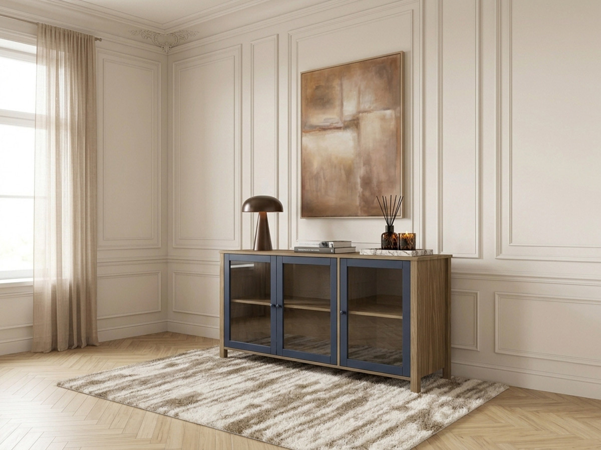 Buffet 3 portes 142 cm LEXIE effet bois et verre trempé — vue 4