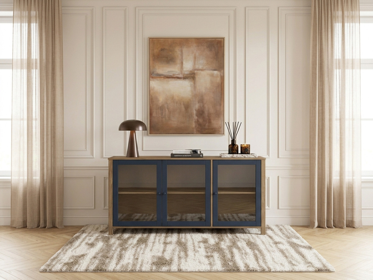 Buffet 3 portes 142 cm LEXIE effet bois et verre trempé