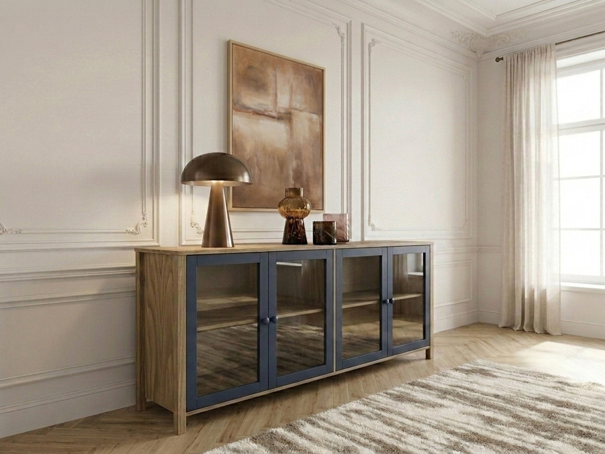 Dressoir met 4 deuren 186 cm LEXIE houteffect en gehard glas