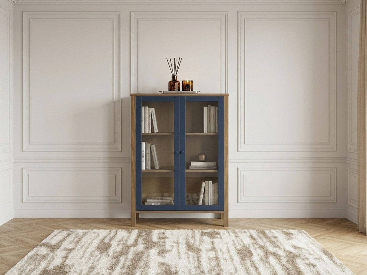 Highboard met 2 deuren 90 cm LEXIE houteffect en gehard glas