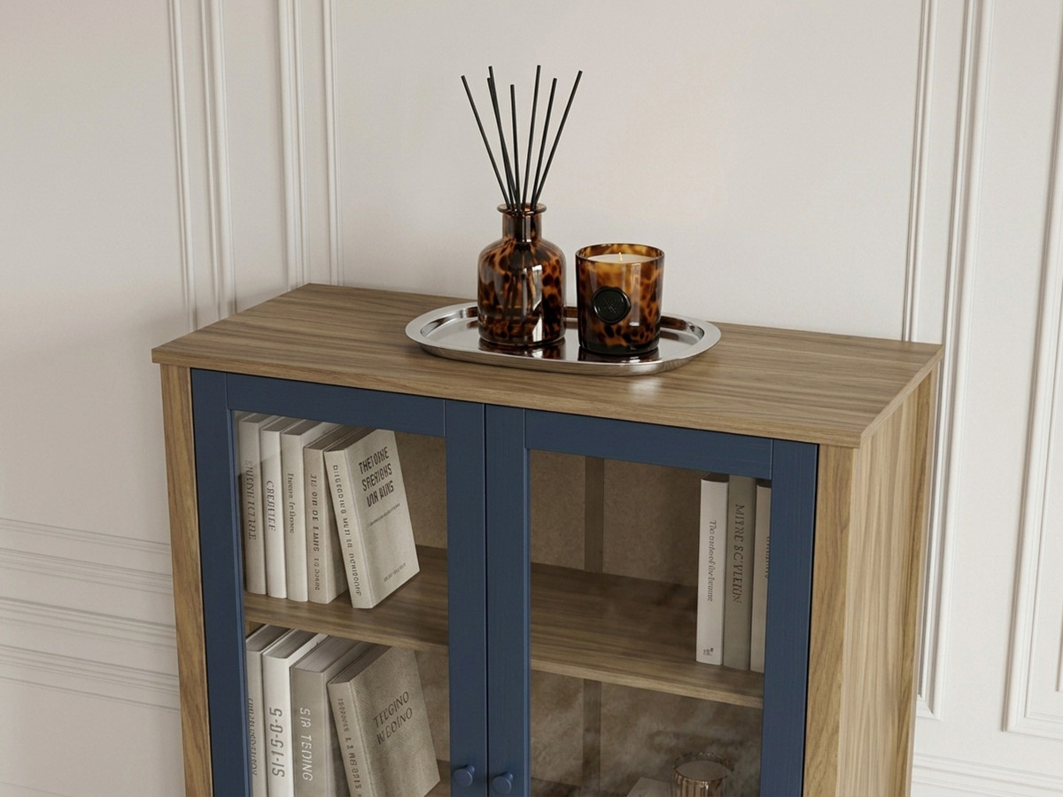 Buffet haut 2 portes 90 cm LEXIE effet bois et verre trempé — vue 5