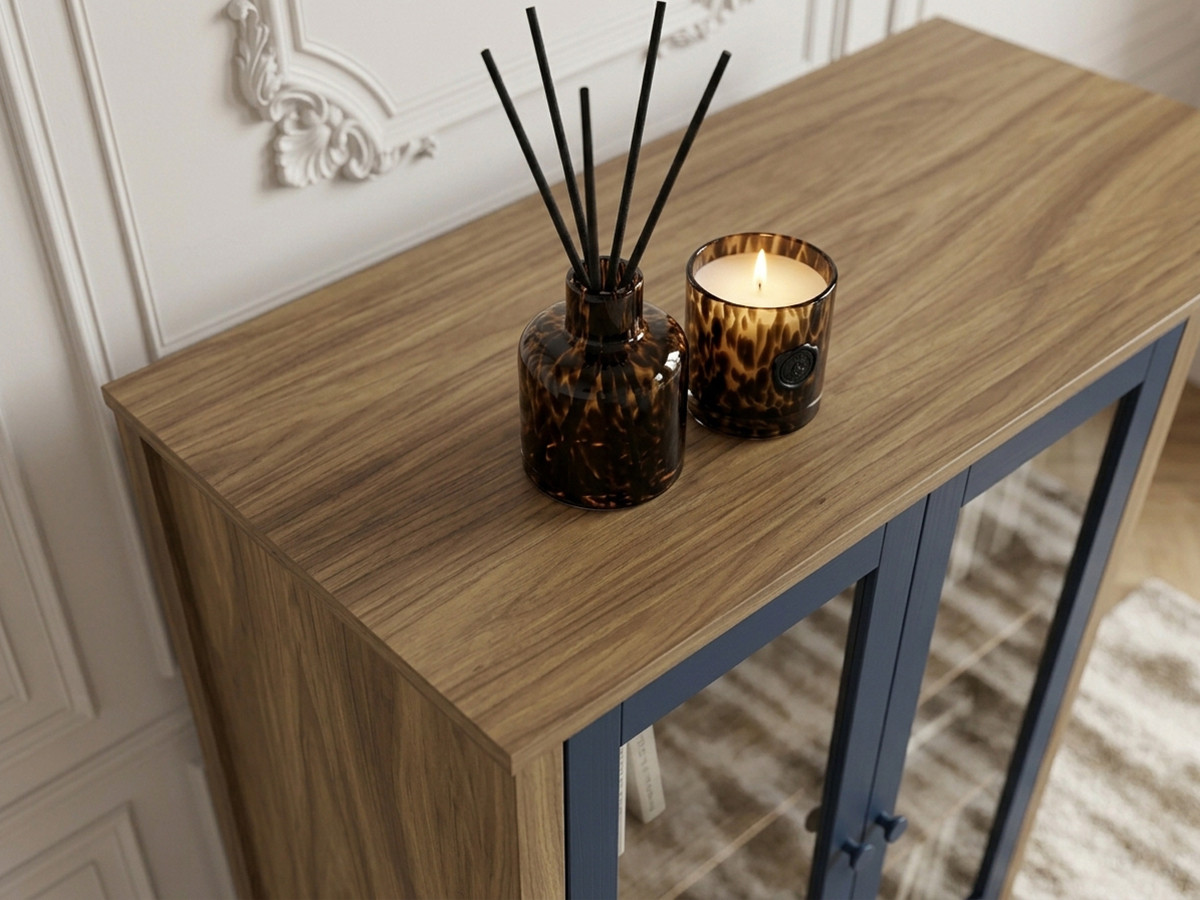 Buffet haut 2 portes 90 cm LEXIE effet bois et verre trempé — vue 6