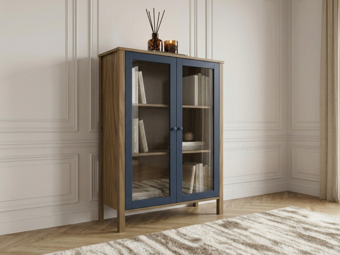 Buffet haut 2 portes 90 cm LEXIE effet bois et verre trempé