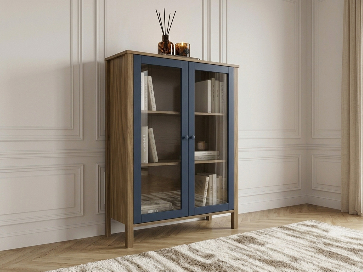 Buffet haut 2 portes 90 cm LEXIE effet bois et verre trempé — vue 4