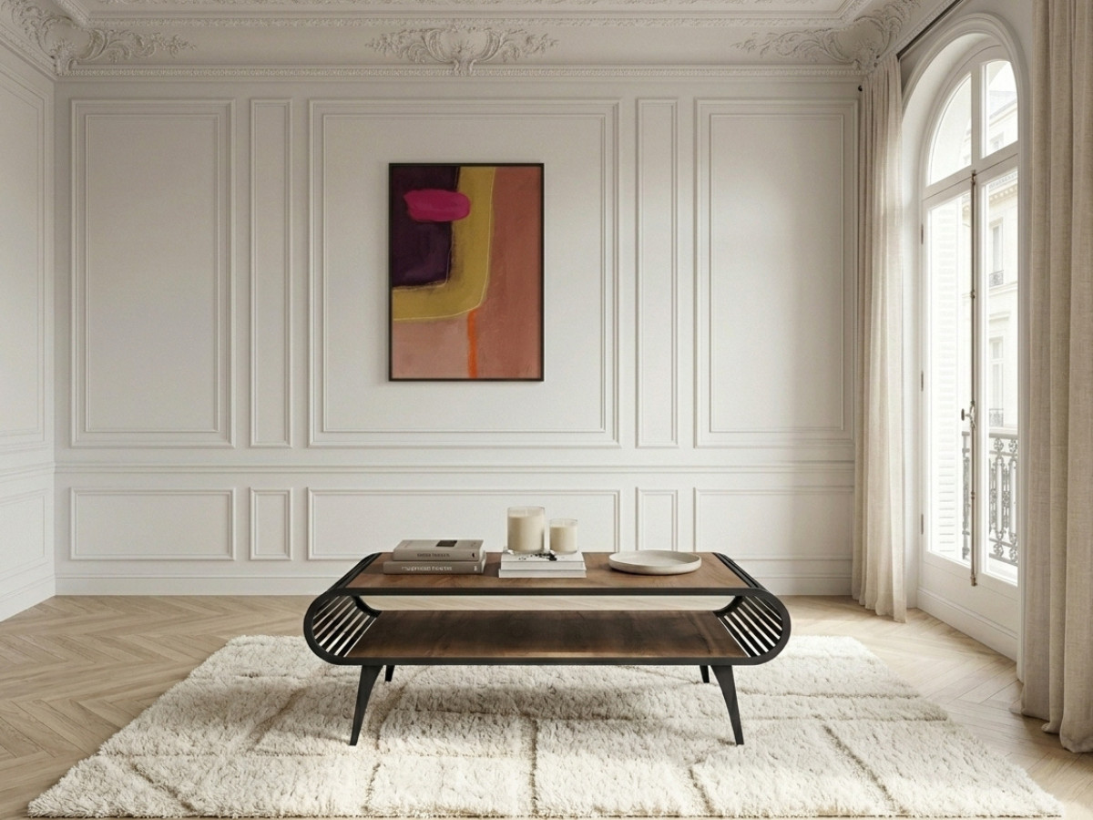 Table basse avec niche 120 cm BILLIE effet bois et métal