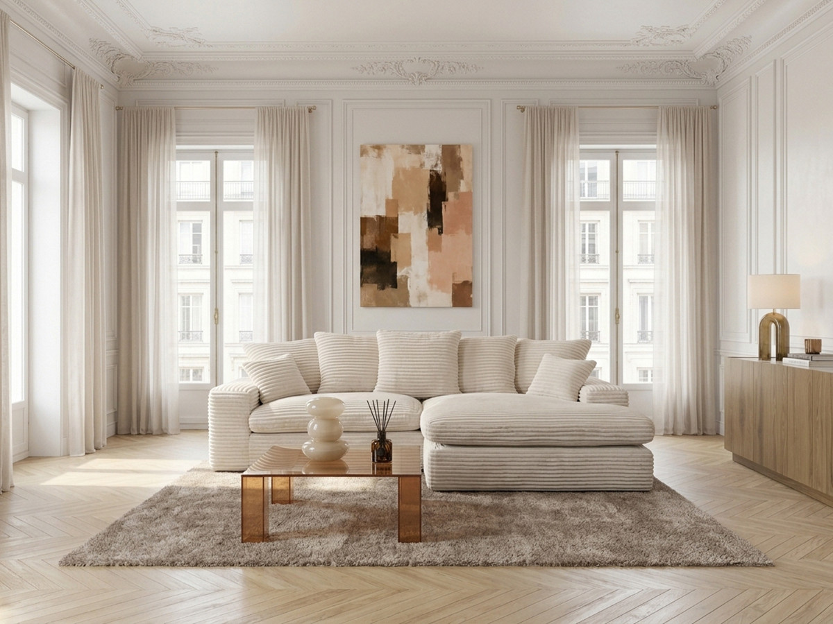 Canapé d'angle réversible compact NEVADA gros côtelé doux beige — vue 4