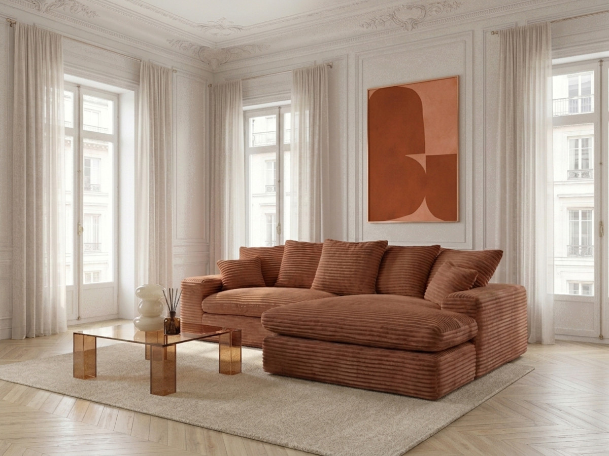 Canapé d'angle réversible compact NEVADA gros côtelé doux orange