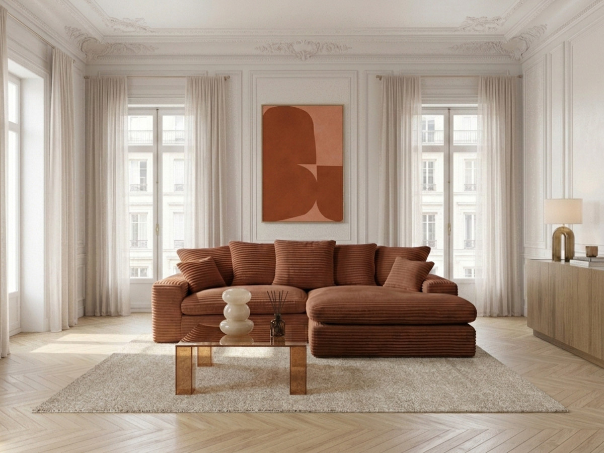 Canapé d'angle réversible compact NEVADA gros côtelé doux orange — vue 4