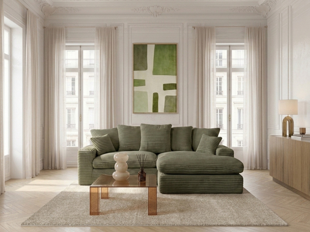Canapé d'angle réversible compact NEVADA gros côtelé doux vert — vue 4