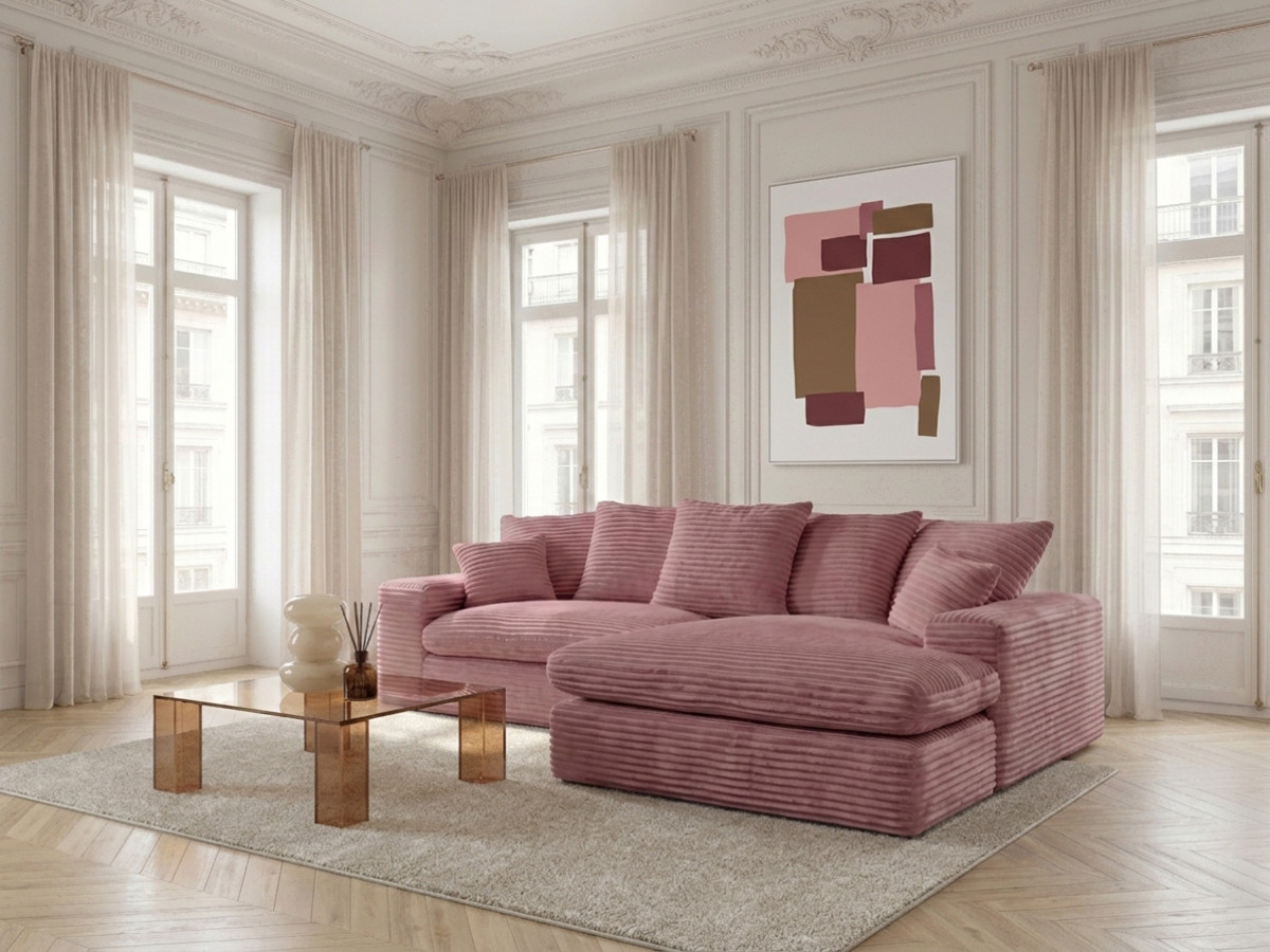 Canapé d'angle réversible compact NEVADA gros côtelé doux rose
