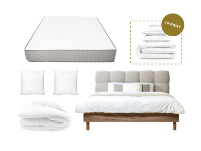 Lit KUMO en 160 x 200 cm, matelas PACO, couette tempérée en 240 x 260 cm RE-DREAM, deux oreillers RE-DREAM en 60 x 60 cm