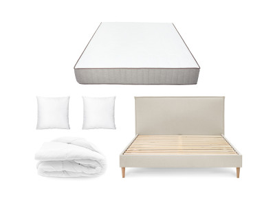 Lit SARY en 160 x 200 cm, matelas PACO, couette chaude en 240 x 260 cm et deux oreillers RE-DREAM en 60 x 60 cm