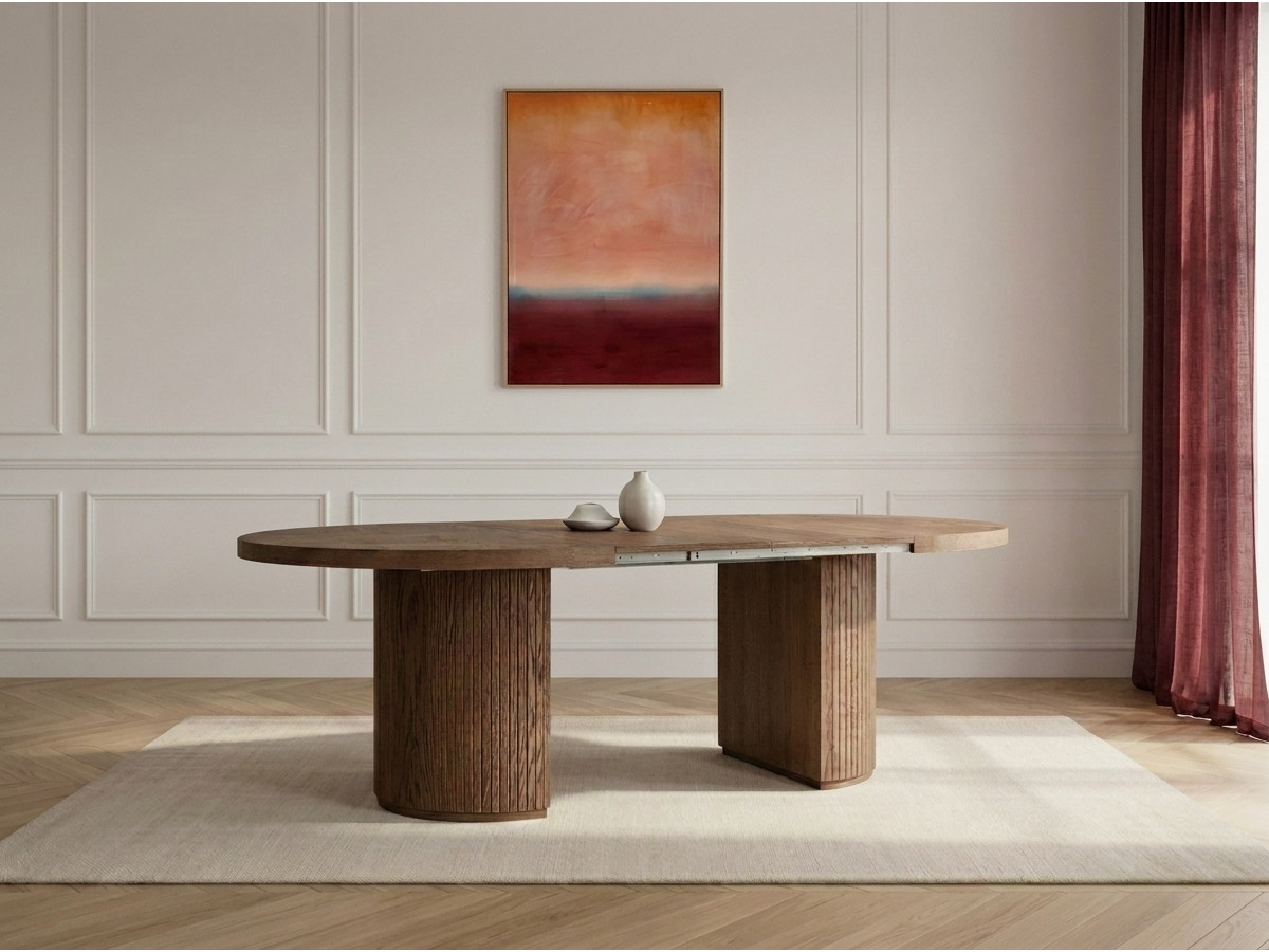 Table à manger ronde extensible 120 à 204 cm PRADO placage chêne massif avec rangements marron foncé   BOBOCHIC