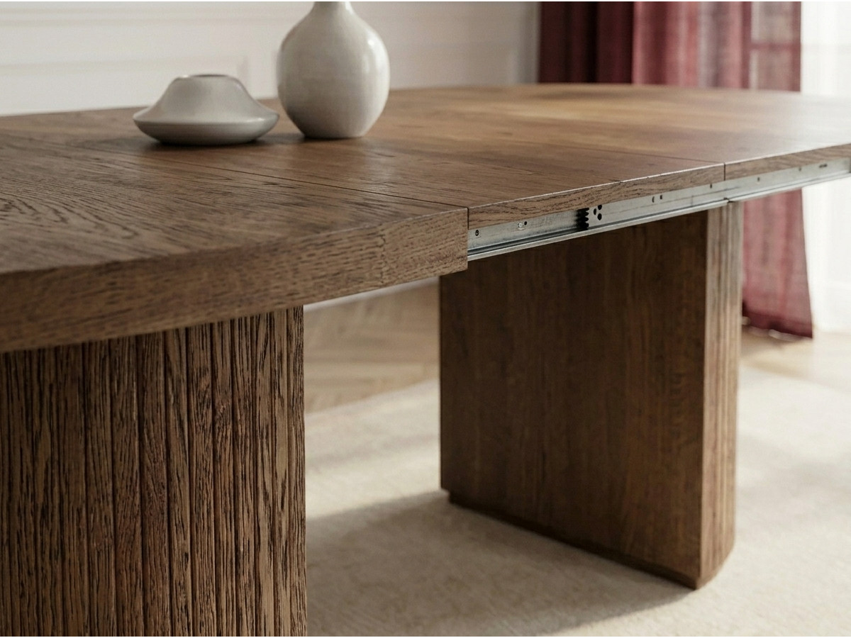 Uitschuifbare ronde eettafel 120 tot 204 cm PRADO in massief eikenfineer met opbergruimte