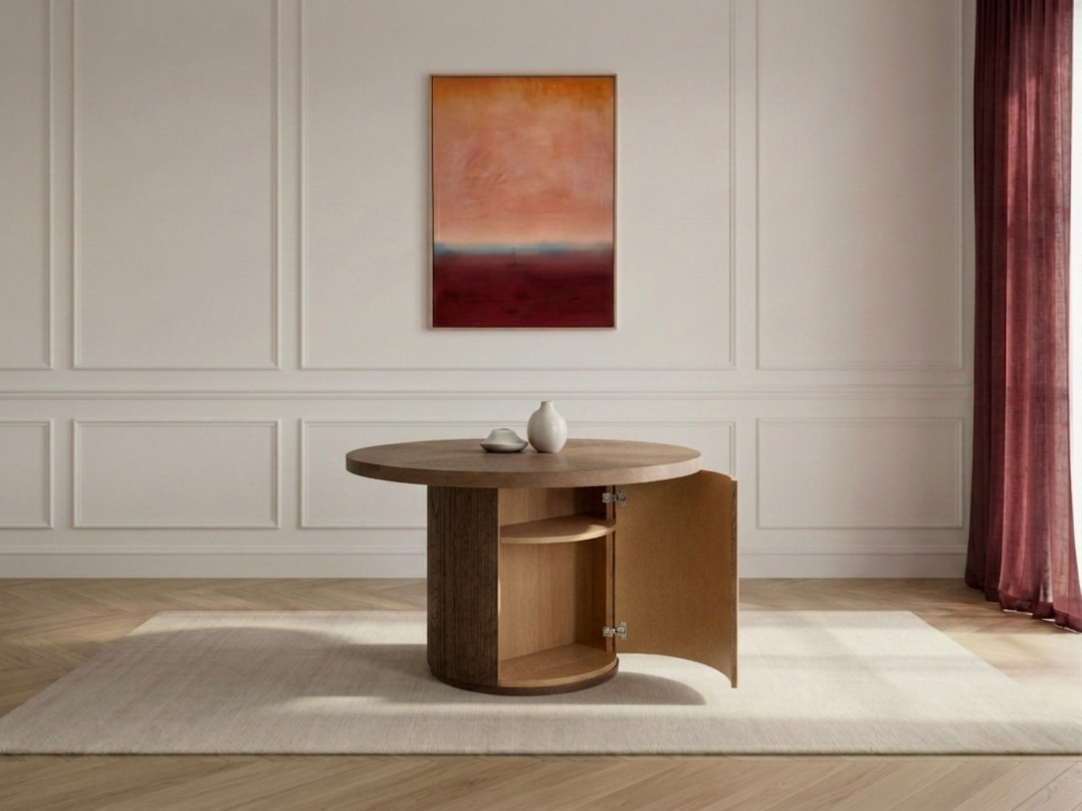 Uitschuifbare ronde eettafel 120 tot 204 cm PRADO in massief eikenfineer met opbergruimte