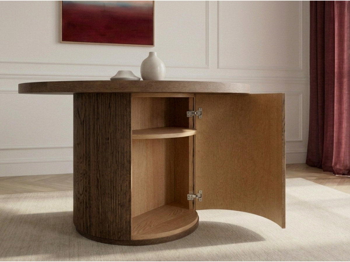 Uitschuifbare ronde eettafel 120 tot 204 cm PRADO in massief eikenfineer met opbergruimte