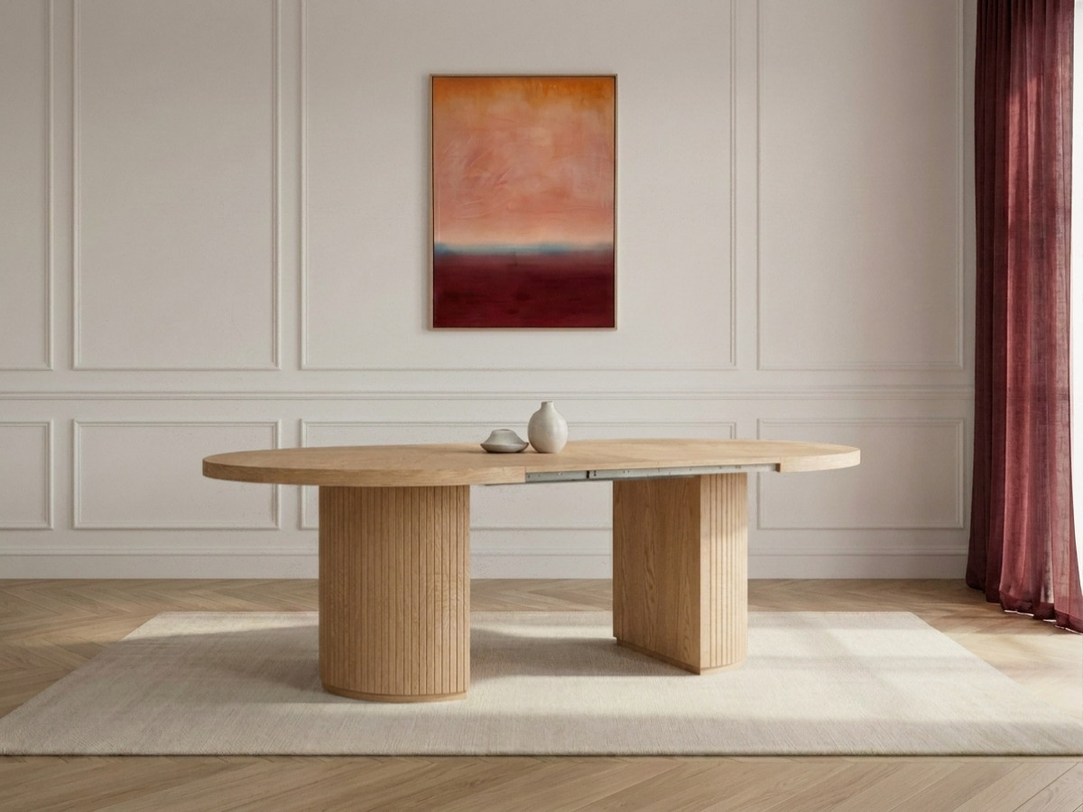 Table à manger ronde extensible 120 à 204 cm PRADO placage chêne massif avec rangements marron clair   BOBOCHIC