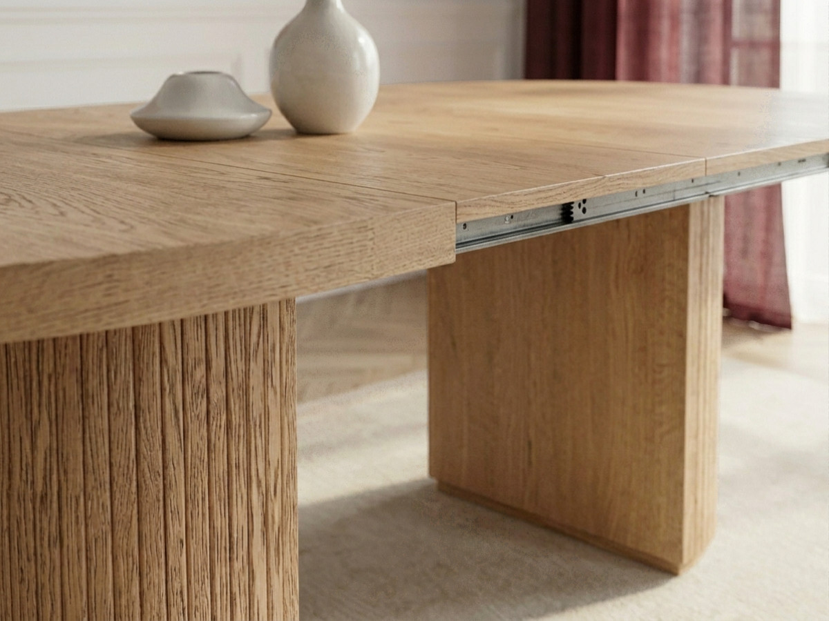 Table à manger ronde extensible 120 à 204 cm PRADO placage chêne massif avec rangements