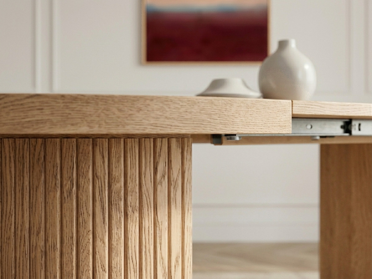 Table à manger ronde extensible 120 à 204 cm PRADO placage chêne massif avec rangements