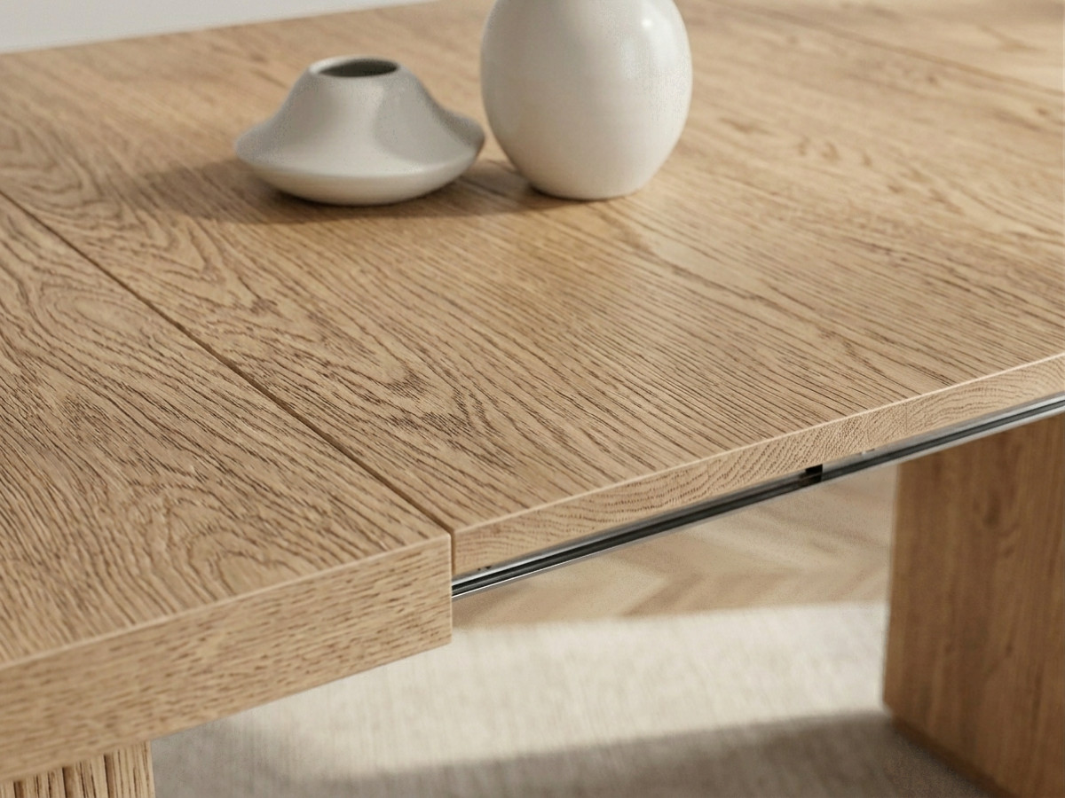 Table à manger ronde extensible 120 à 204 cm PRADO placage chêne massif avec rangements
