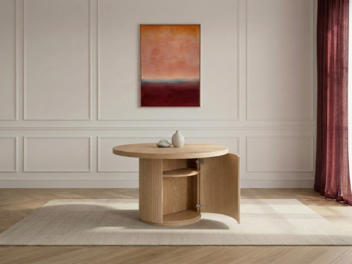 Table à manger ronde extensible 120 à 204 cm PRADO placage chêne massif avec rangements