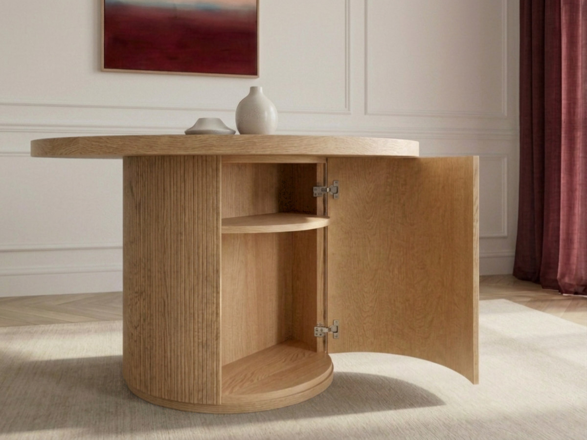 Table à manger ronde extensible 120 à 204 cm PRADO placage chêne massif avec rangements