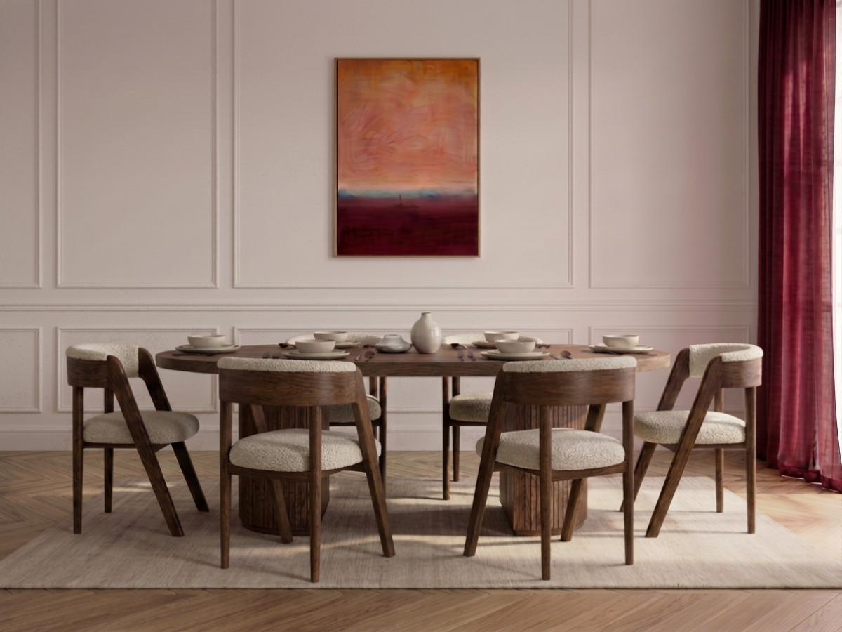 PRADO Eetkamerset met verlengbare tafel 120 tot 204 cm + set BASTIDE stoelen met massief eiken fineer