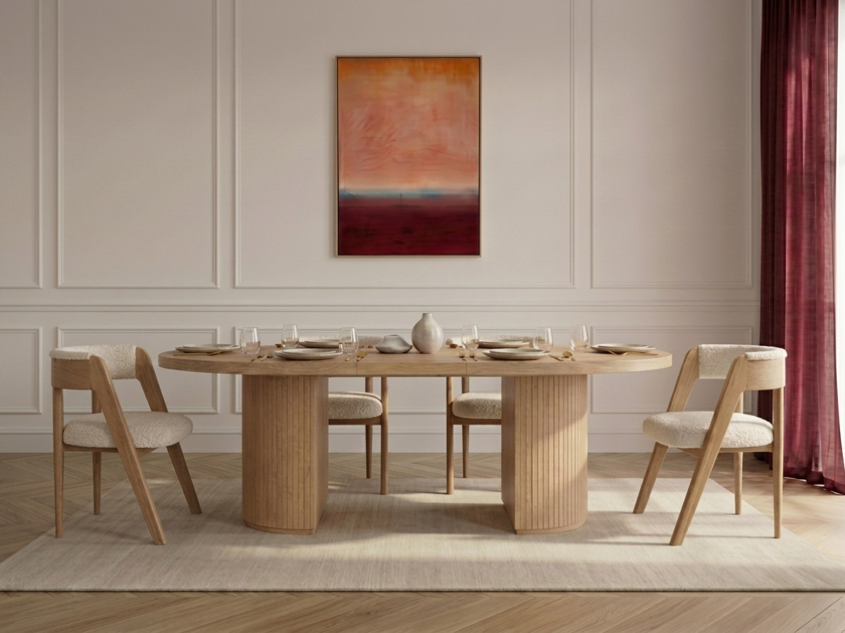 PRADO Eetkamerset met verlengbare tafel 120 tot 204 cm + set BASTIDE stoelen met massief eiken fineer