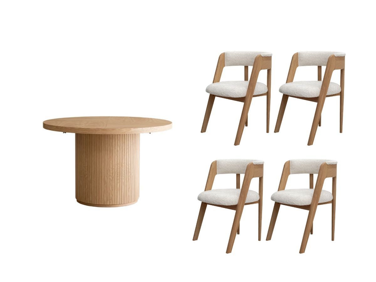 prado eetkamerset met verlengbare tafel 120 tot 204 cm + set bastide stoelen met massief eiken fineer gekleurd lichtbruin