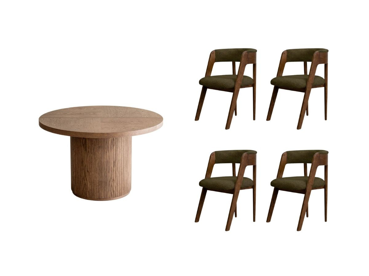 prado eetkamerset met verlengbare tafel 120 tot 204 cm + set bastide stoelen met massief eiken fineer gekleurd groen