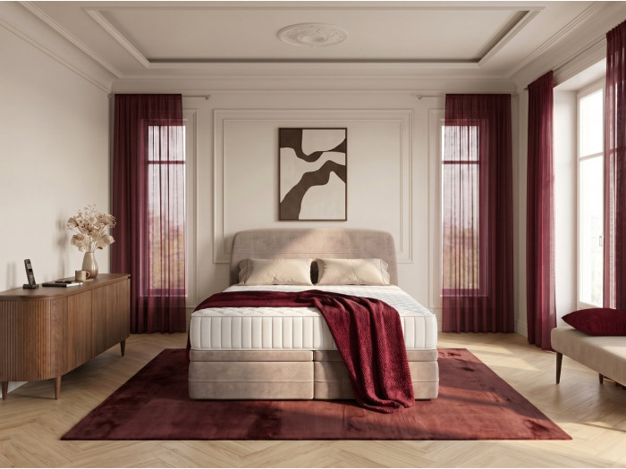 Ensemble avec lit coffre boxspring VELORA velours lisse + matelas hybride