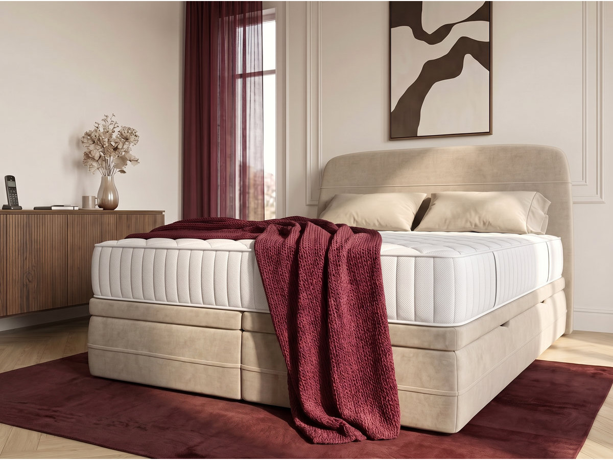 Ensemble avec lit coffre boxspring VELORA velours lisse + matelas hybride beige — vue 4