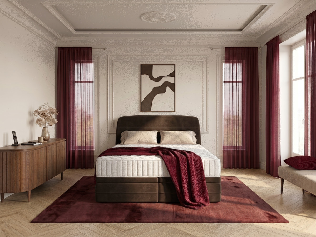 Ensemble avec lit coffre boxspring VELORA velours lisse + matelas hybride marron