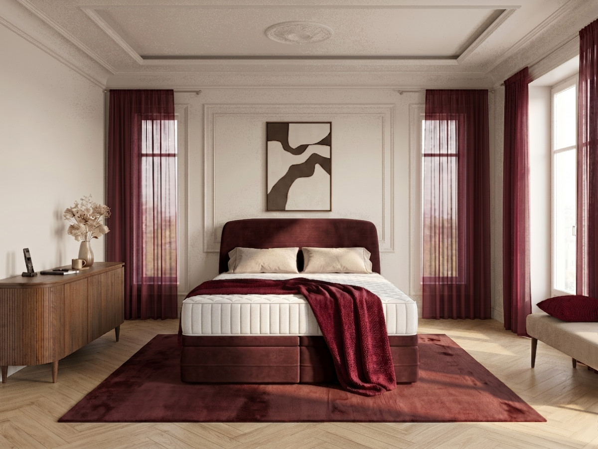 Ensemble avec lit coffre boxspring VELORA velours lisse + matelas hybride rouge