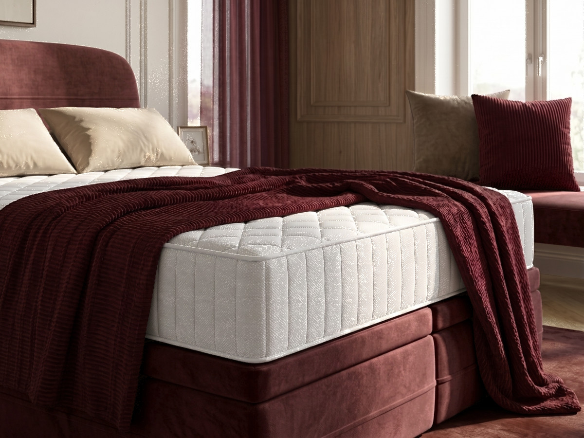 Ensemble avec lit coffre boxspring VELORA velours lisse + matelas hybride rouge — vue 5