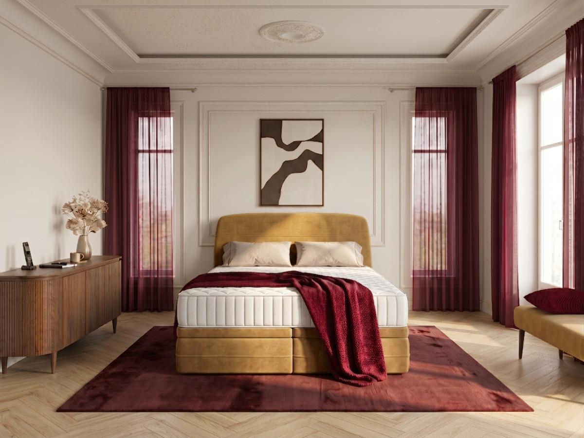 Ensemble avec lit coffre boxspring VELORA velours lisse + matelas hybride jaune
