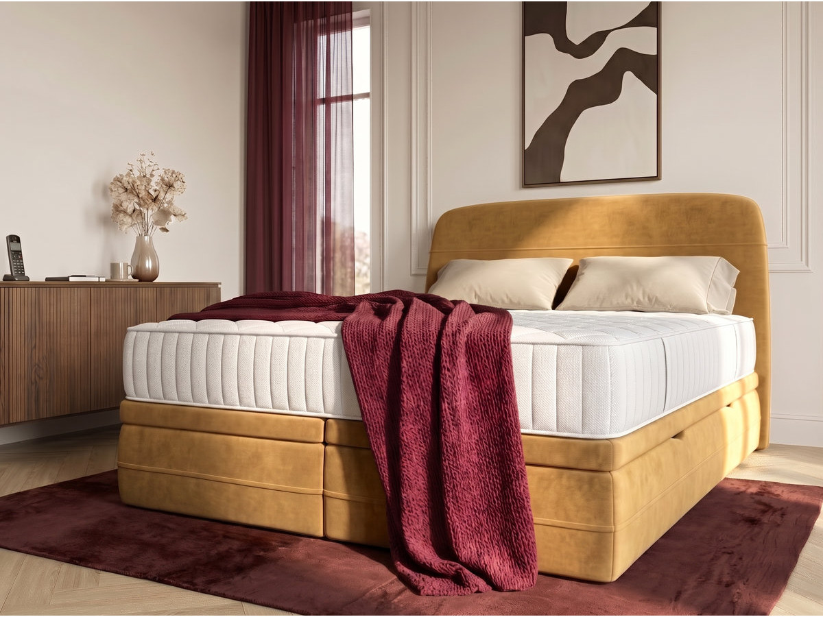 Ensemble avec lit coffre boxspring VELORA velours lisse + matelas hybride jaune — vue 4