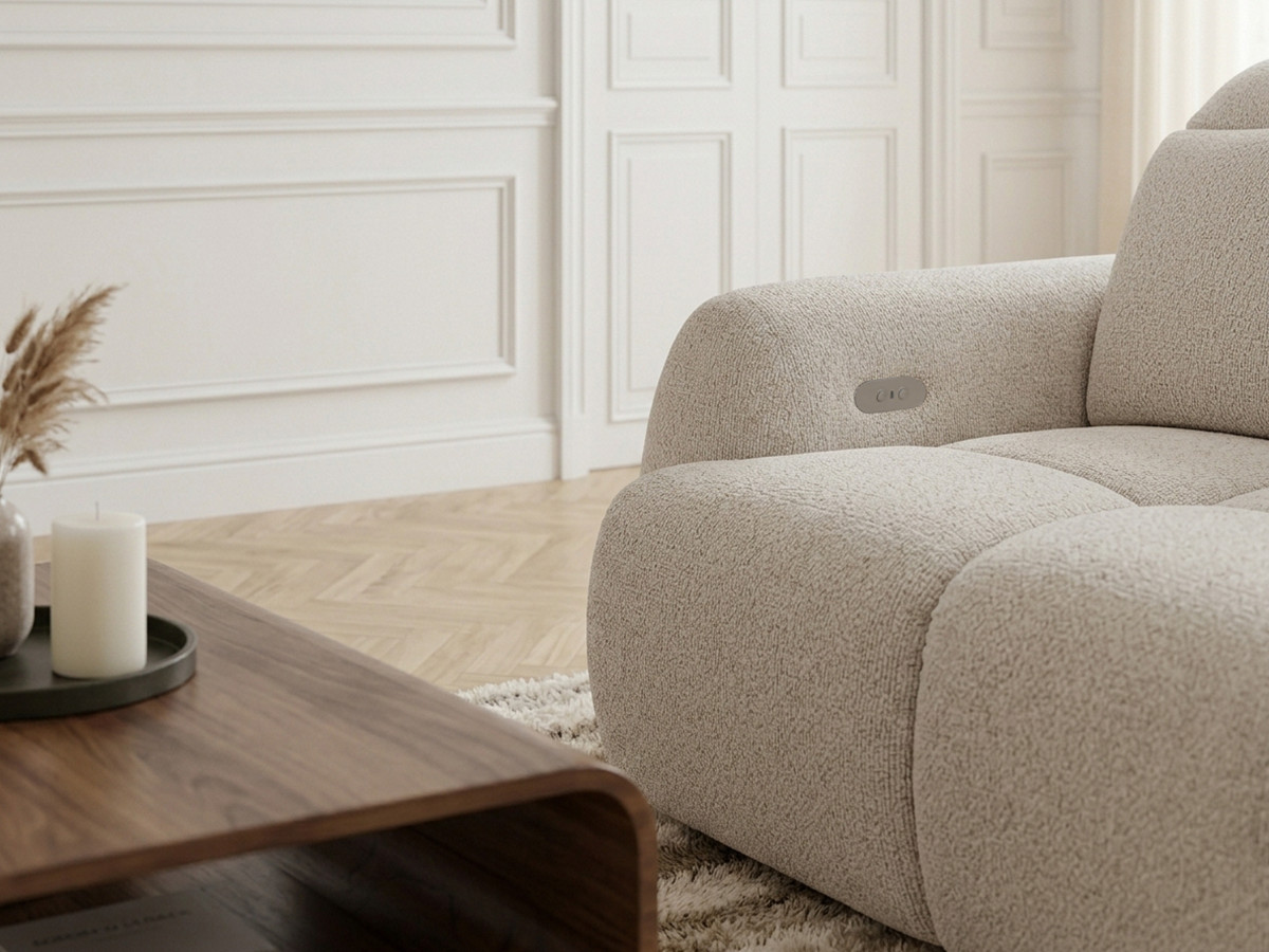 Canapé d'angle convertible avance-recule électrique RUBY chenille beige — vue 6