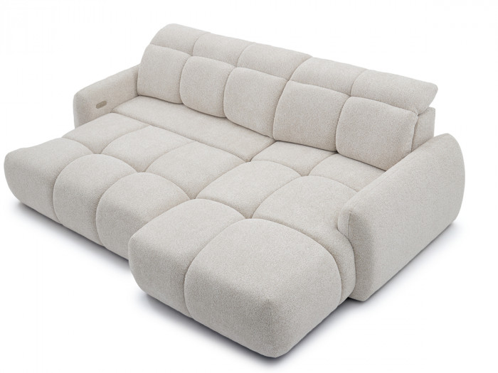 Canapé Ruby angle beige tissu, vue profil exagérée, dimensions couches assises visibles