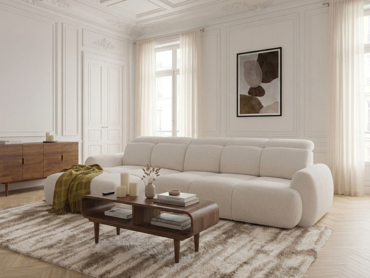 Canapé d'angle convertible avance-recule électrique RUBY tissu chenille beige angle gauche BOBOCHIC 3 places