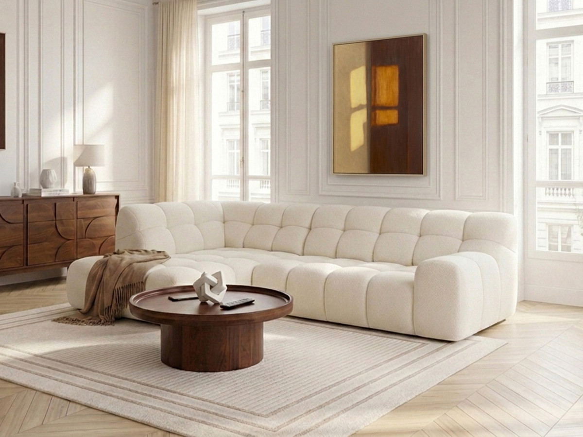 Canapé d'angle L convertible avance-recule électrique ANDRE tissu texturé blanc  angle gauche BOBOCHIC 4 places
