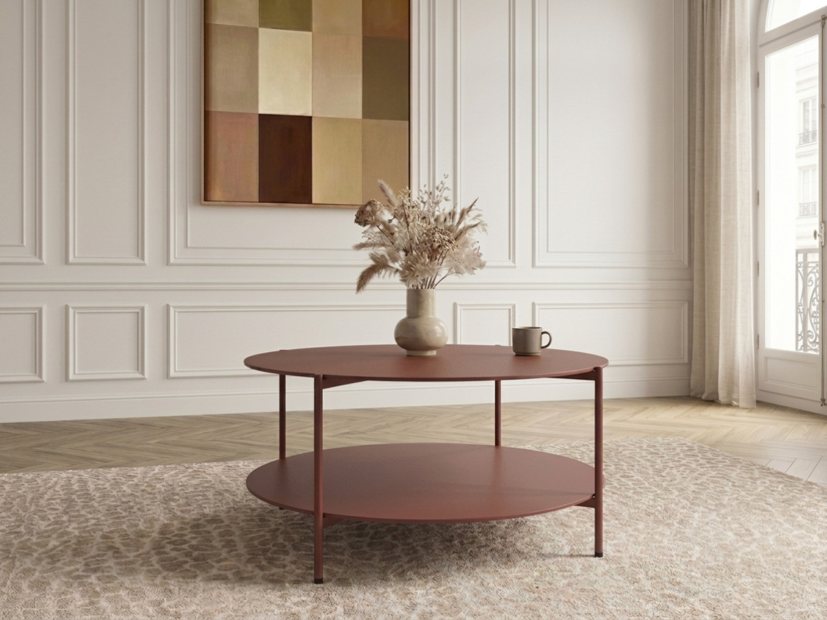 Table basse D.80 cm MELI métal et verre trempé rouge