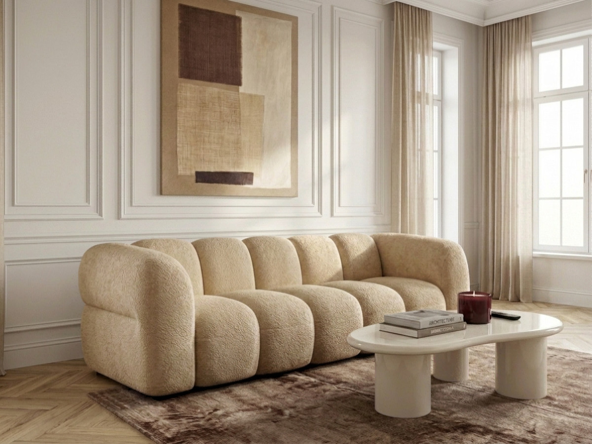Canapé droit 3 places CURVY chenille marron clair