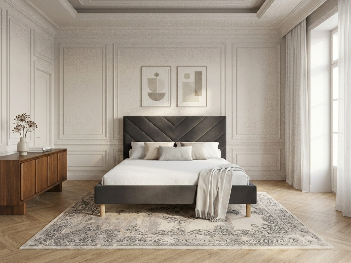 Lit ROMANE avec lattes massives velours gris foncé