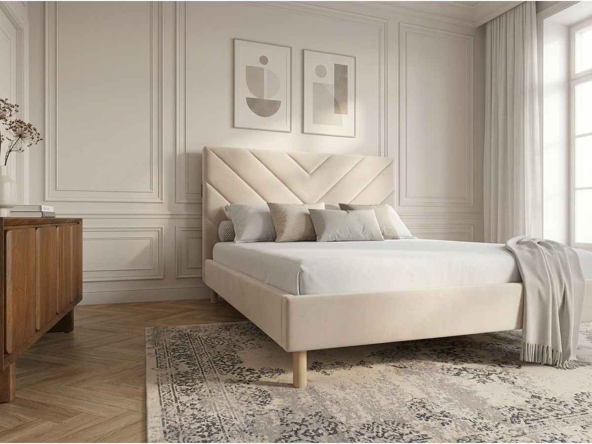 Lit ROMANE avec lattes massives velours beige — vue 4