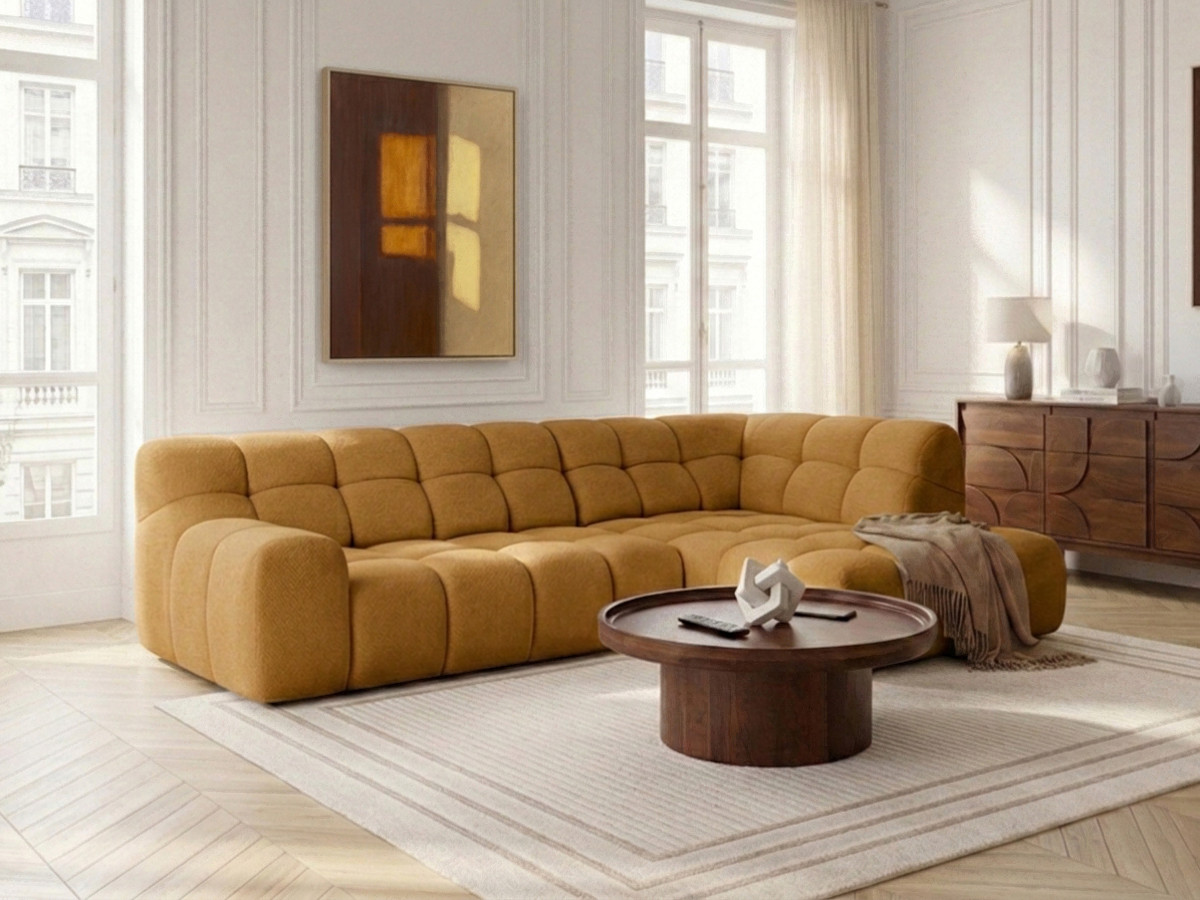 Canapé d'angle L convertible avance-recule électrique ANDRE texturé jaune
