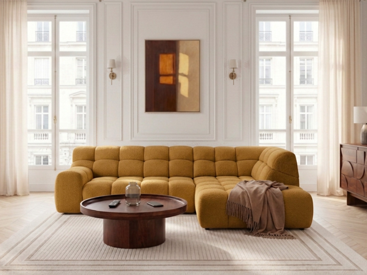 Canapé d'angle L convertible avance-recule électrique ANDRE texturé jaune — vue 4