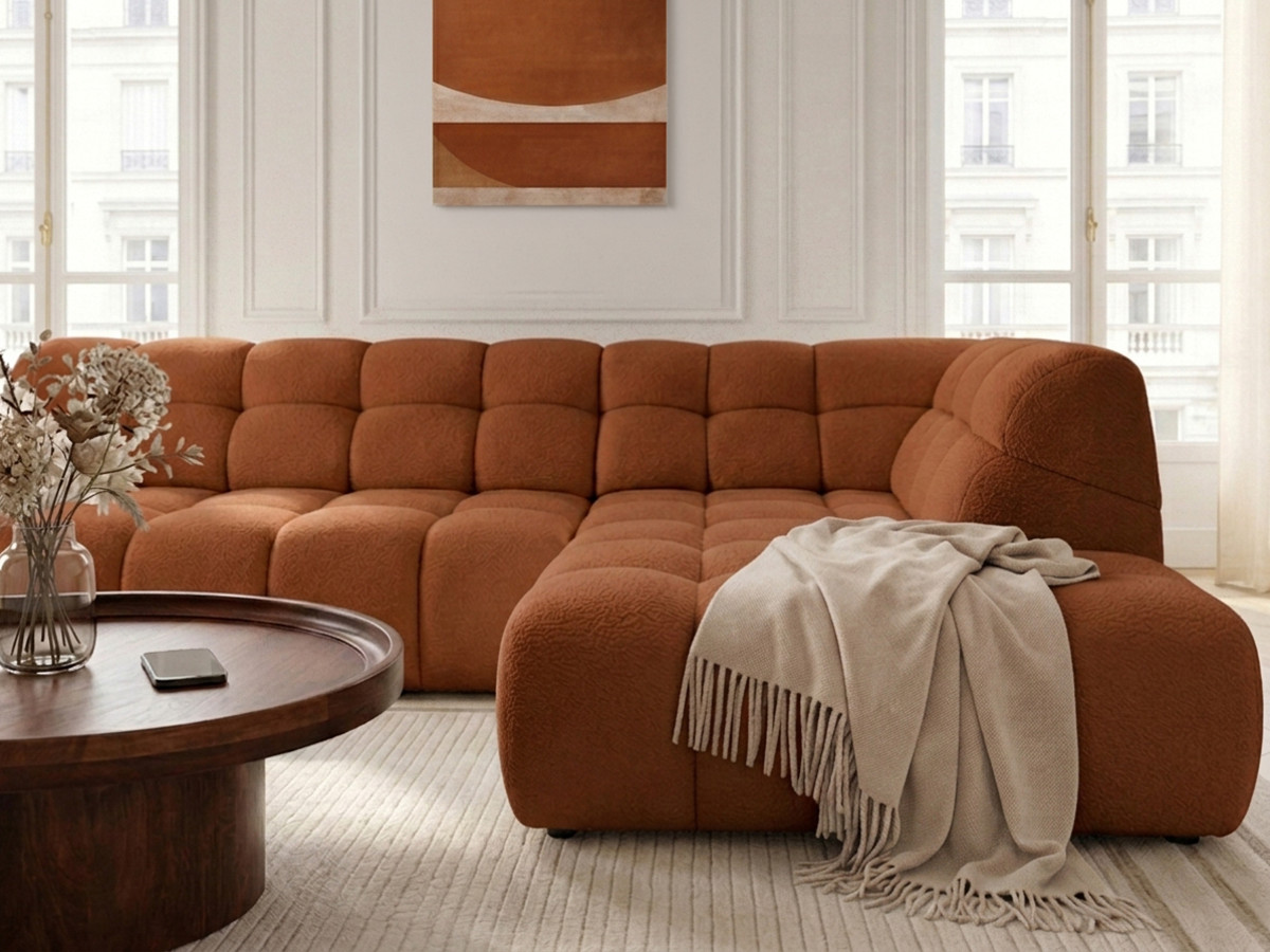 Canapé d'angle L convertible avance-recule électrique ANDRE texturé orange — vue 6