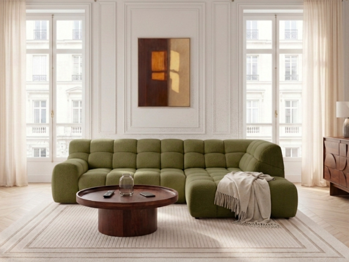 Canapé d'angle L convertible avance-recule électrique ANDRE texturé vert — vue 4