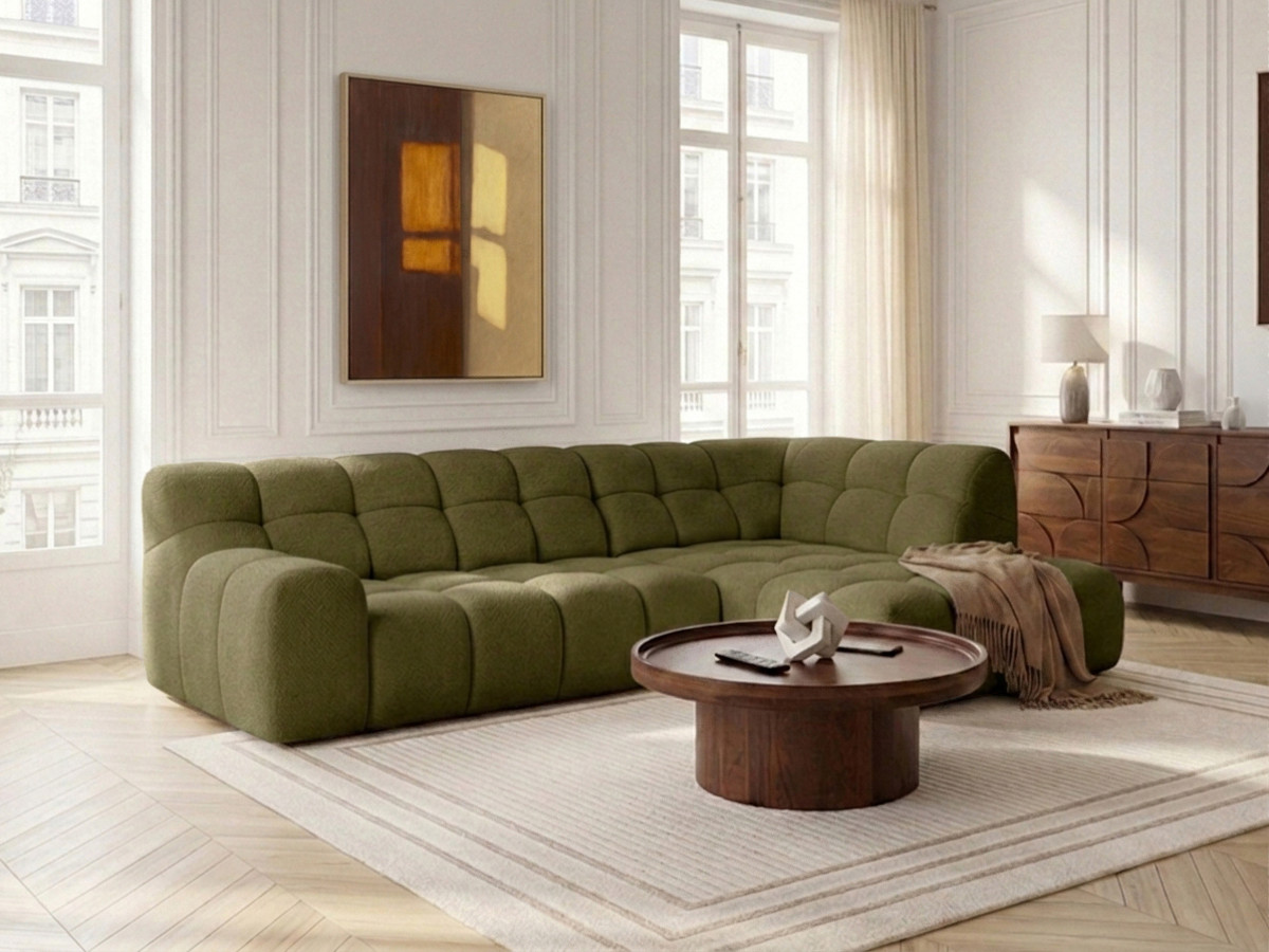 Canapé d'angle L convertible avance-recule électrique ANDRE tissu texturé vert  angle gauche BOBOCHIC 4 places
